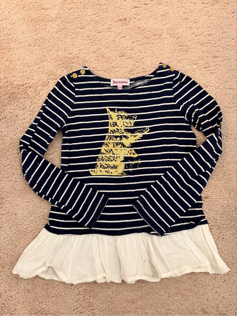 Juicy Couture Navy & Cream Striped Long Sleeve Top with Yellow Dog Print - 122